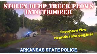 STOLEN DUMP TRUCK plows into police  Arkansas State Troopers fire weapons into engine pursuit [upl. by Ikkir]