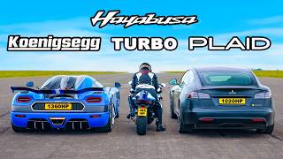 Koenigsegg v Tesla Plaid v Turbo Hayabusa DRAG RACE [upl. by Trevlac174]