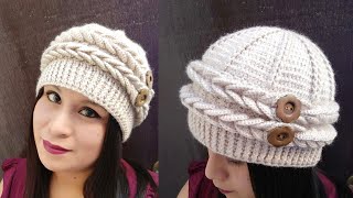 Como tejer la Boina N° 24 a crochet para niñas y mujer con 2 trenzas en relieves paso a paso [upl. by Erdrich]