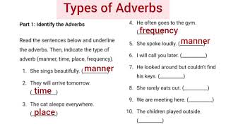 Types of Adverbs Time Place Frequency Manner  Learn to identify and practice types of Adverbs [upl. by Norvall986]