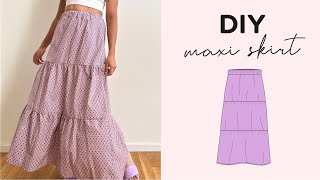 DIY Maxi Skirt  Sewing Pattern  Easy Elastic Gathered Tiered Skirt ✨ [upl. by Ahsemit]