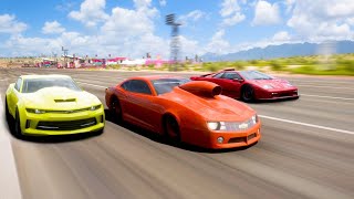 Forza Horizon 5 Fastest Drag Car  Pro Stock Camaro vs Diablo GTR vs Copo Camaro [upl. by Estevan]