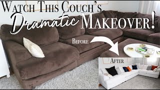 DIY Couch Makeover  How to Reupholster a Sectional Couch  Dramatic Furniture Transformation [upl. by Arnie159]