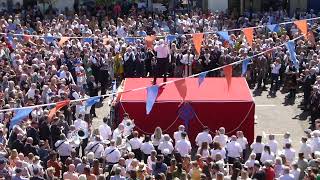 Selkirk Common Riding 2023 Fleshers Standard Bearer Murray MacDougall casts the Fleshers flag [upl. by Ahsaenat]