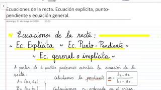 ECUACIONES DE LA RECTA Ecuación Explícita Punto  pendiente y General 3º ESO Y 4º ESO [upl. by Cesaria]