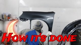 How to do it Auto repair Car Painting Tinsmith work Overflow Glasurit base Iwata WS400 [upl. by Eimile334]