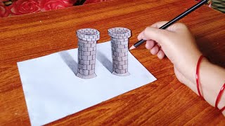 How to draw 3D 2 Brick Tower step by step  Anamorphic illusion  3D Trick Art on paper [upl. by Foss268]