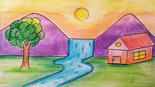 Easy landscape drawing for kids and beginnersLearn house and nature simple painting [upl. by Chretien]