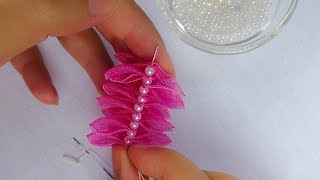 Hand Embroidery Ribbon Work with pearl  ribbon embroidery tutorial [upl. by Braunstein]