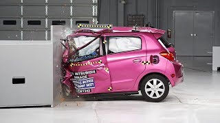 2014 Mitsubishi Mirage driverside small overlap IIHS crash test [upl. by Jenkins]