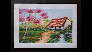 dibujo fácil con lapices de colores paisaje artístico [upl. by Ekram]