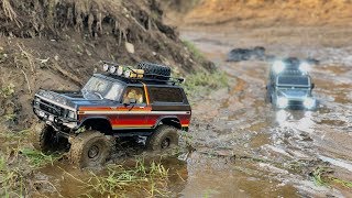 Traxxas TRX4 Ford Bronco and Defender long muddy trail [upl. by Acimahs]