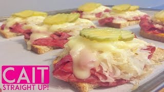 Reuben Recipe  Tray of Open Faced Mini Reubens  Cait Straight Up [upl. by Nylra]