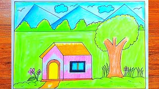 Ghar ka drawing  घर का चित्र  landscape house drawing  Ghar Ka Chitra banana sikhen [upl. by Amoihc]