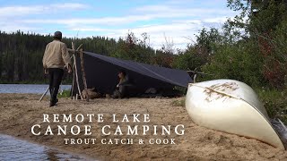 Canoe Camping on Remote Wilderness Lake  Rainbow Trout Catch amp Cook Tarp Shelter Light Rain [upl. by Ruhtracam]