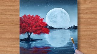 Red Tree  Black amp White Painting  Full Moon Acrylic Painting for Beginners [upl. by Mafalda]