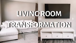 APARTMENT LIVING ROOM TRANSFORMATION NEW COUCH RUG TV STAND ETC [upl. by Rovaert]