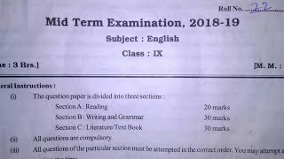 CBSE Class 9th English Question paper  Mid term question paper 201819 [upl. by Berwick378]