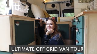 ULT OFF GRID VAN TOUREngineer builds AC BIKES SKIS RECIRC SHOWER 520Ah TESLA BATTERY 640W 🌞 ampMORE [upl. by Moshe123]