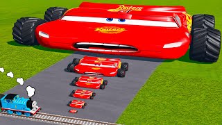 Big amp Small Wide Lightning McQueen Monster Truck VS Thomas The Tank Engine Trains  BeamNGDrive [upl. by Tybie]