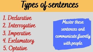 Sentences types Declarative Interrogative Imperative Exclamatory Optative  Daily use sentences [upl. by Mahalia]