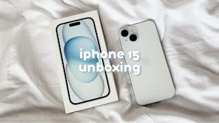 iphone 15 blue aesthetic unboxing 🎐 phone accessories set up  camera test [upl. by Maroj]