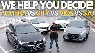 Ultimate Comparison Toyota Vios VS Honda City VS Proton S70 VS Nissan Almera [upl. by Hanoj]