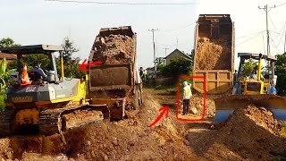 The Bulldozer Komatsu D41P 2024 was pushing the soil during the dump truck unloading amazingly [upl. by Gabey]