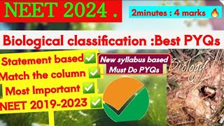 Most important Biological Classification PyQs NEET 20192023 for NEET 2024🔥neet2024neet aiims [upl. by Boiney927]