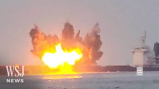 Watch Houthis Sink GreekOwned Vessel in the Red Sea  WSJ News [upl. by Aekal157]