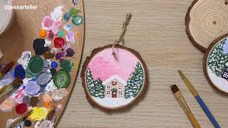 Holiday Brown House Pink Sky on Wood Slice  Gouache Acrylic Paint With Me [upl. by Christensen]