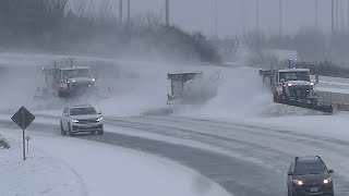 HWY SNOW REMOVAL CONVOY Four Road Two Tow Plows BRIDGE View [upl. by Oelc]