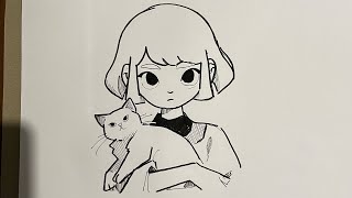 Detailed Anime Girl Drawing with Cat [upl. by Icam]