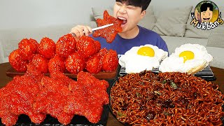 ASMR MUKBANG 직접 만든 양념 치킨먹방 돈까스 짜파게티 레시피 amp 먹방 FRIED CHICKEN AND BLACK BEAN NOODLES EATING SOUND [upl. by Harness]