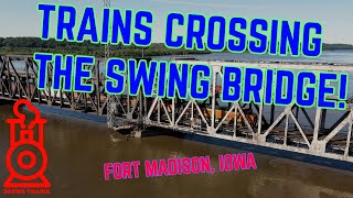 Trains Crossing Fort Madison Iowa Swing Bridge  Drews Trains Drone Railfan [upl. by Woodall]