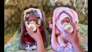 🍼🍼Feeding Twin Vollence 14Inch Silicone Preemie Baby Dolls In Their Adora Baby Doll Car Seats🍼🍼 [upl. by Ijan]