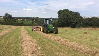 Haymaking August 2017 UK late first cut John Deere 2140 amp International 430 baler conventional bales [upl. by Latsyrhk900]