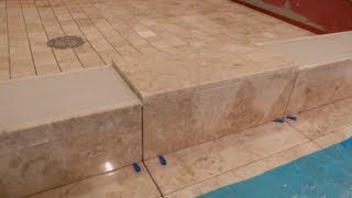 Part quot5quot How to tile shower curb amp measure all cuts to shower floor amp main bathroom floor DIY [upl. by Ahsak]