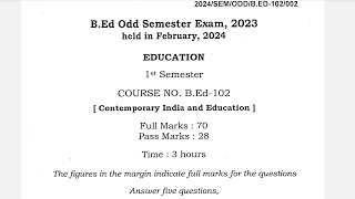 Bed First semester questions paper Assam University Silchar 2024 Bed2024 ContemporaryEducation [upl. by Krystyna]