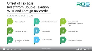 UAE Corporate Tax 2023  Offset of Tax Loss Relief from Double Taxation WHT and Foreign tax credit [upl. by Lamar]