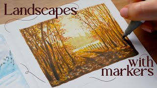 4 easy landscapes with Ohuhu alcohol markers 🍂 beginner friendly [upl. by Angrist]