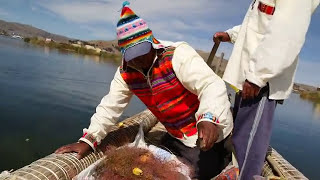 Expert Fishing on Totora Grass Boats Lake Titicaca Uros Floating Islands  Puno Peru [upl. by Elyr33]