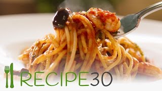 Spaghetti alla puttanesca with shrimp or prawn means whore spaghetti [upl. by Diarmit881]