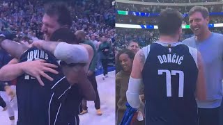 Heres how Luka Doncic Dirk Nowitzki and Dallas team celebrated Kyries incredible game winner [upl. by Kcirdnekal59]