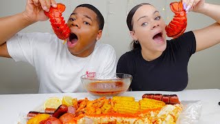 ONE BITE SEAFOOD BOIL MUKBANG CHALLENGE KING CRAB SWEET CORN LOBSTER TAILS amp POTATOES [upl. by Sanjay]