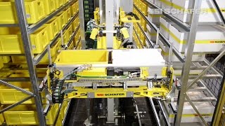 Storageretrieval machine for bins cartons and trays – Schäfer Miniload Crane [upl. by Stroup]