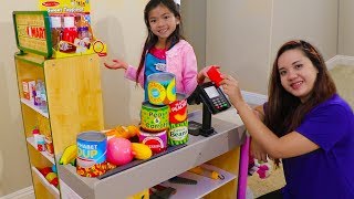 Emma Pretend Play Shopping with Giant Grocery Store Super Market Toy [upl. by Lorn]