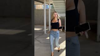 Saying hi to you in the parking garage 😊 jeans heels short shorts shortsfeed [upl. by Adlog]