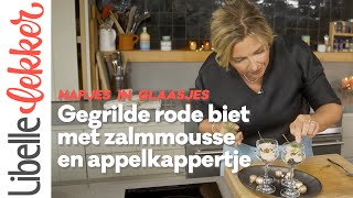 Ilses hapjes in glaasjes gegrilde rode biet met zalmmousse en appelkappertjes [upl. by Ormond]