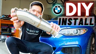 BMW N55 Downpipe INSTALL DIY  VRSF Straight Pipe m235i  Sound Clips [upl. by Refotsirc]